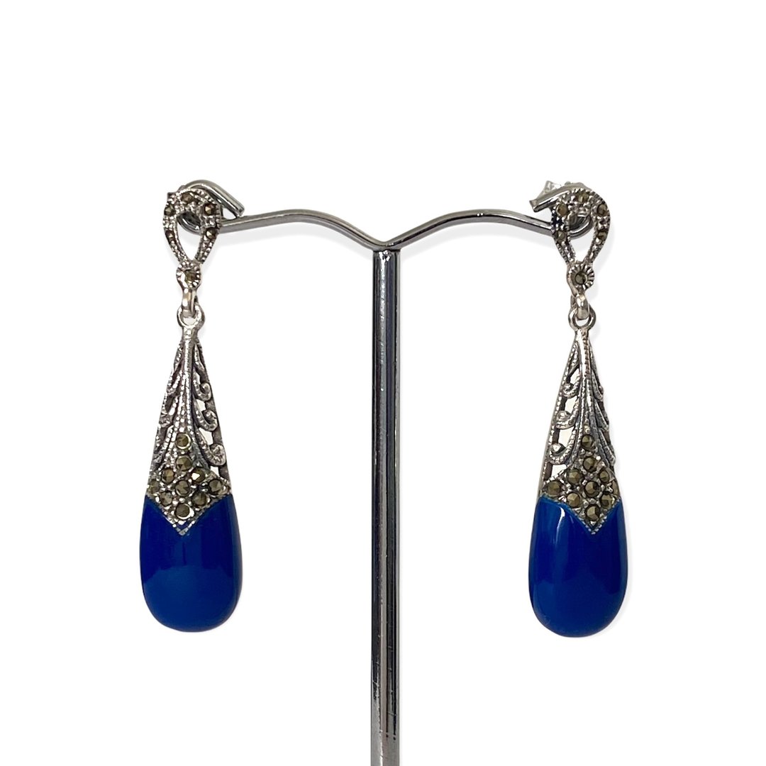Art Deco Style Teardrop Lapis Lazuli&Marcasite Earrings/Set 925 Sterling Silver - 耳环/耳夹 - 纯银 蓝色