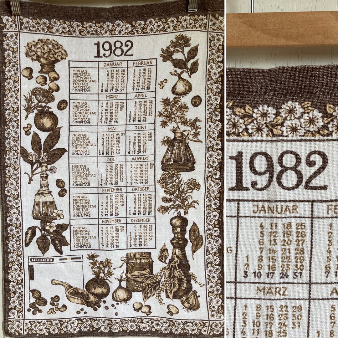1982 年德国烹饪原料亚麻日历茶巾 - 海报/装饰画/版画 - 棉 卡其色