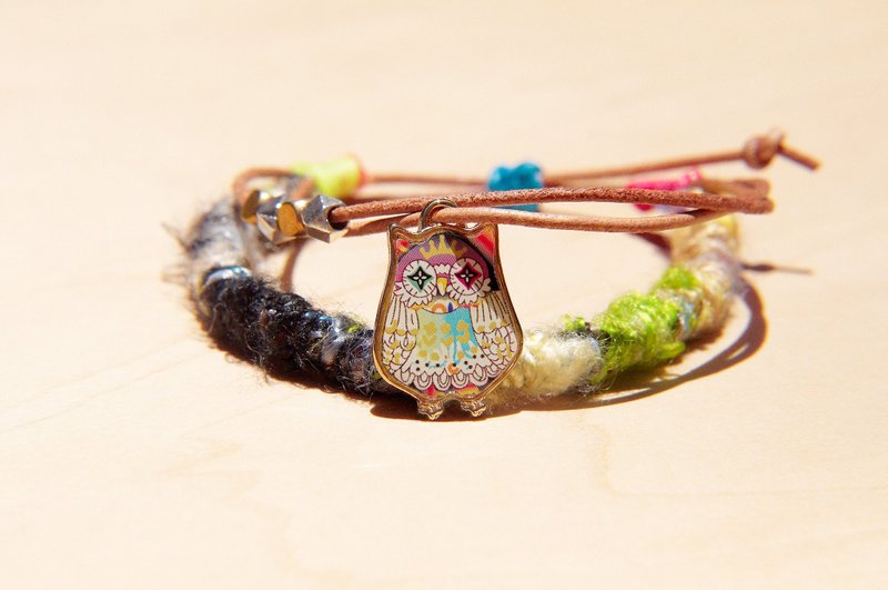 情人节礼物 真牛皮纱丽线手绳 手环 手镯-缤纷色猫头鹰(可调式) - 手链/手环 - 棉．麻 多色