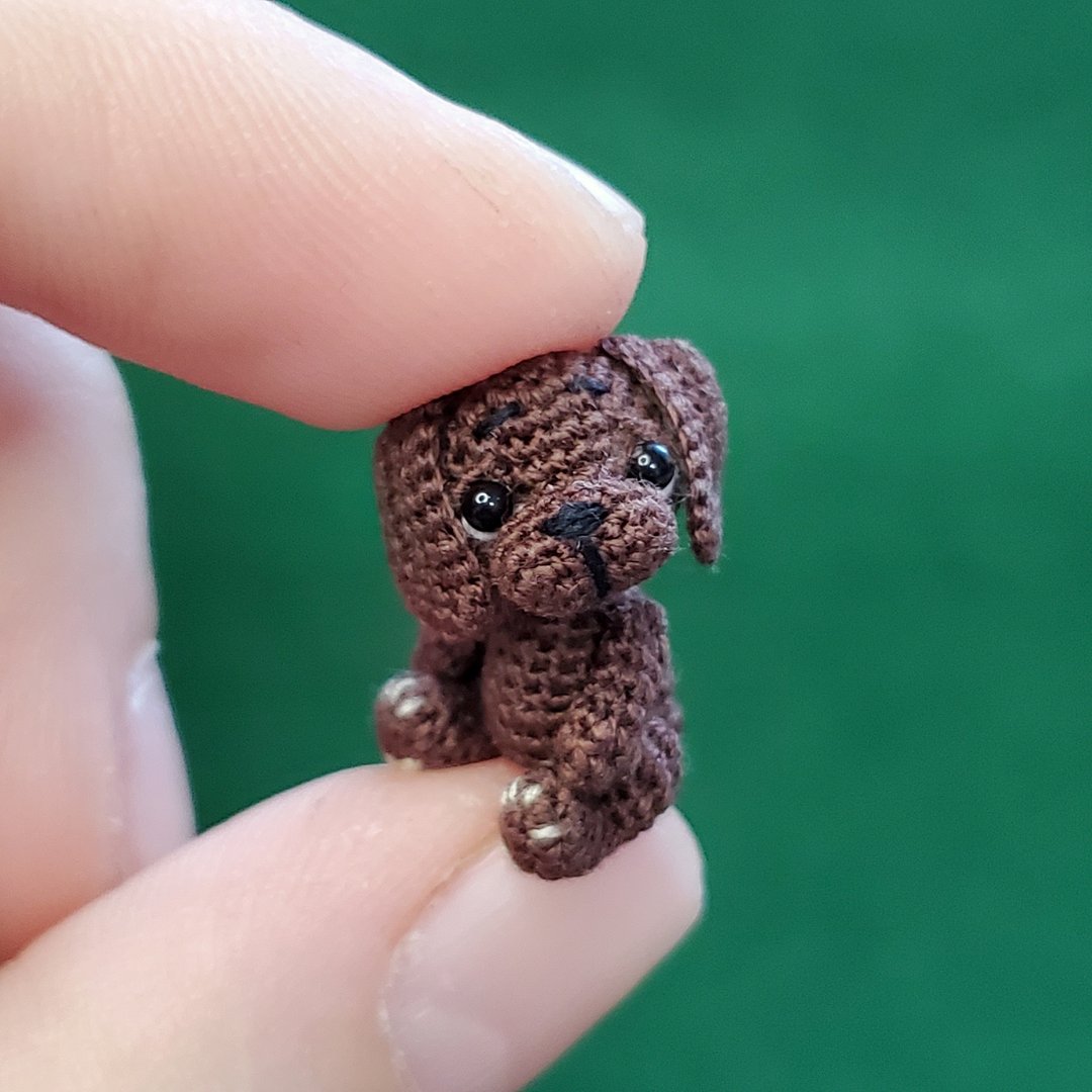 极其微型的钩编小狗。微型玩具屋。 Amigurumi 毛绒动物。 - 玩偶/公仔 - 棉 咖啡色