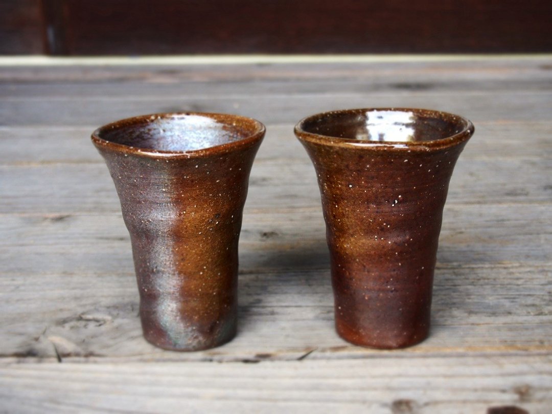 Bizen wheat drinker (middle) via mug set (with paulownia box) bs2-003 - 花瓶/陶器 - 陶 咖啡色