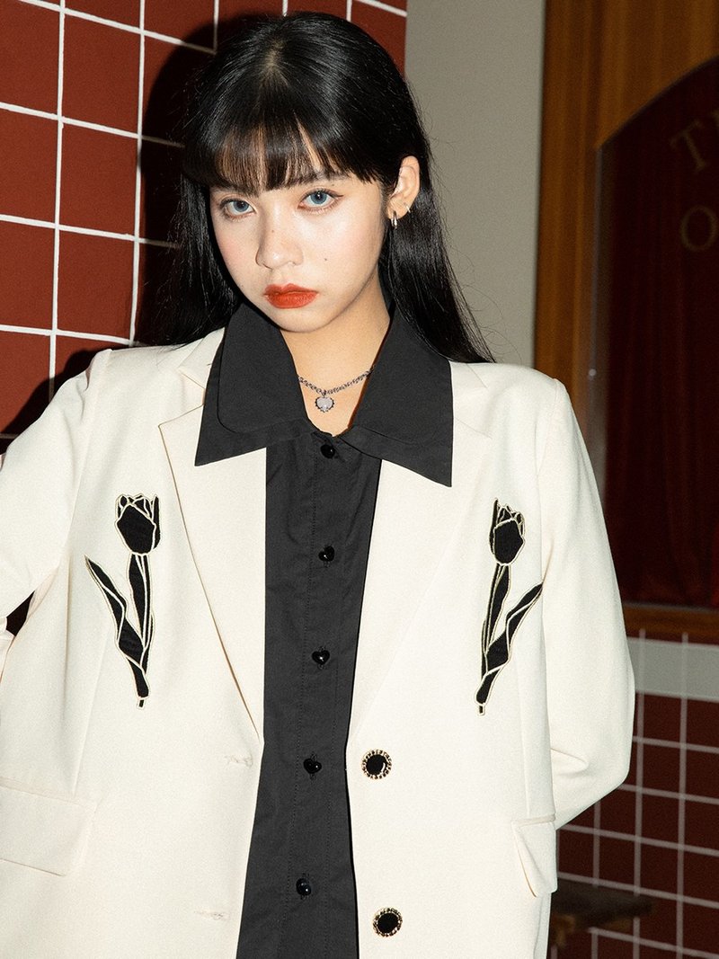 ziziFei双郁金香刺绣西装外套秋季女复古休闲西服设计感别致小众 - 女装西装外套/风衣 - 聚酯纤维 黑色