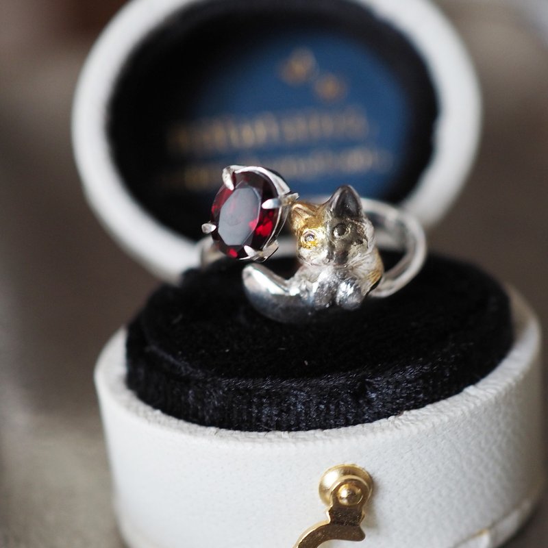 红宝石三花猫戒指 - 戒指 - 纯银 红色