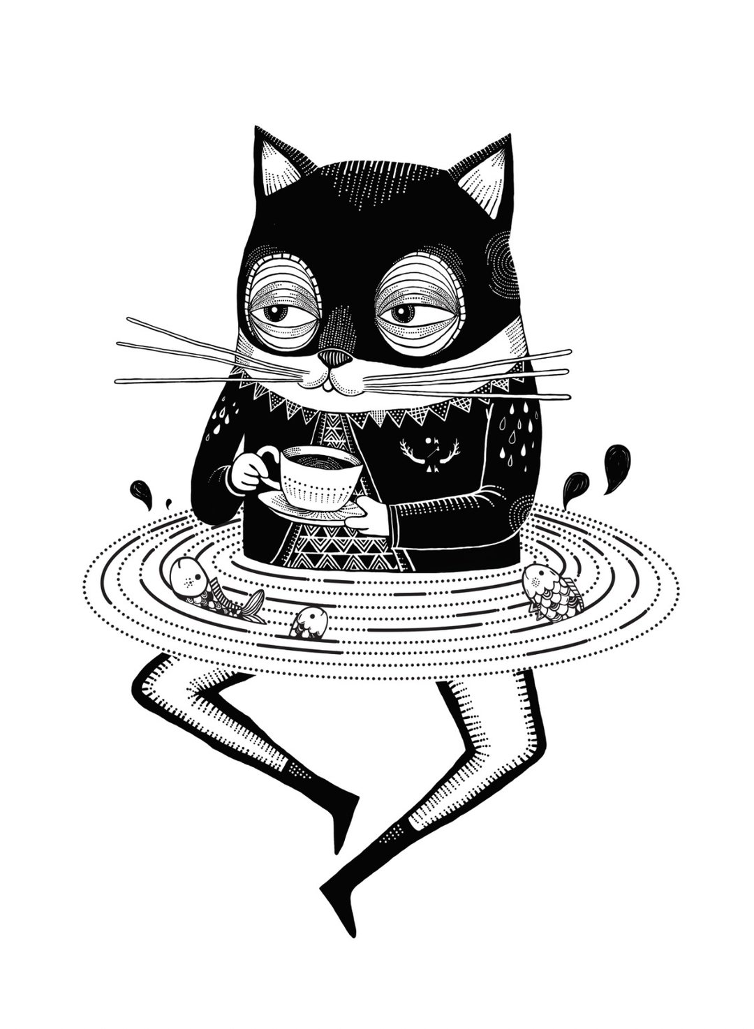 猫咪 黑咖啡时光 明信片 - 卡片/明信片 - 纸 黑色