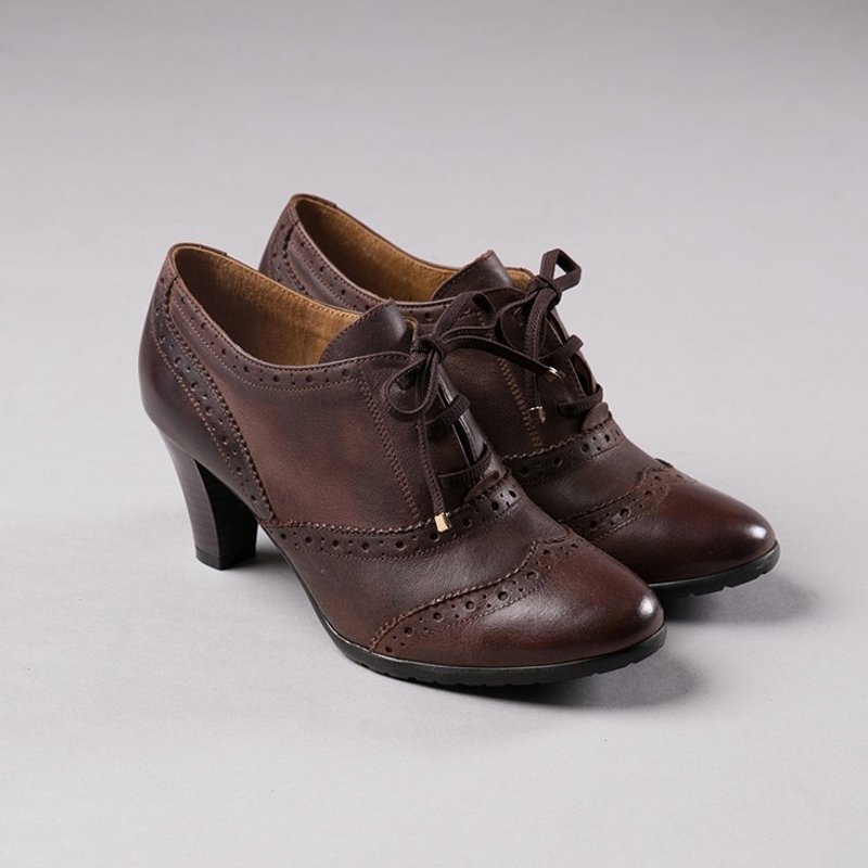 【摩登女爵】绑带中跟真皮踝靴-深焙摩卡 - 女款短靴 - 真皮 咖啡色