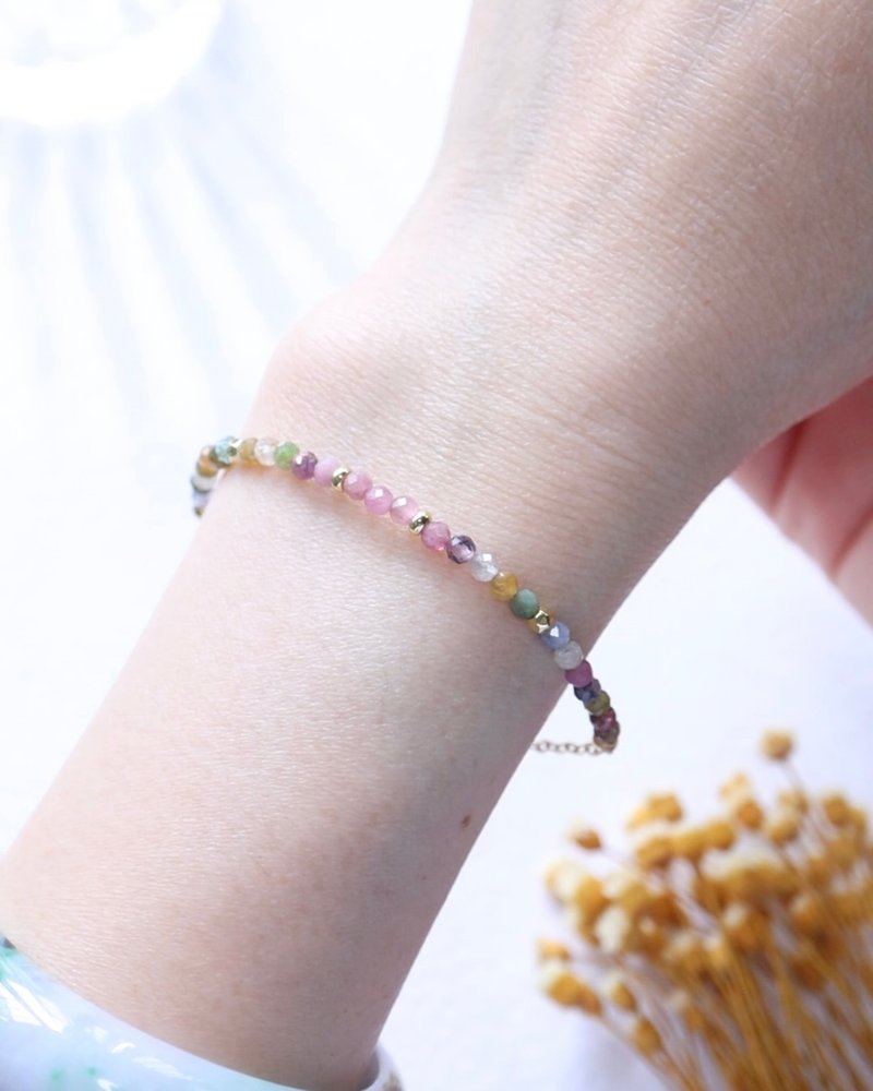 极细渐层彩色天然碧玺 18K 镀金不对称拼接手链 3mm - 手链/手环 - 水晶 