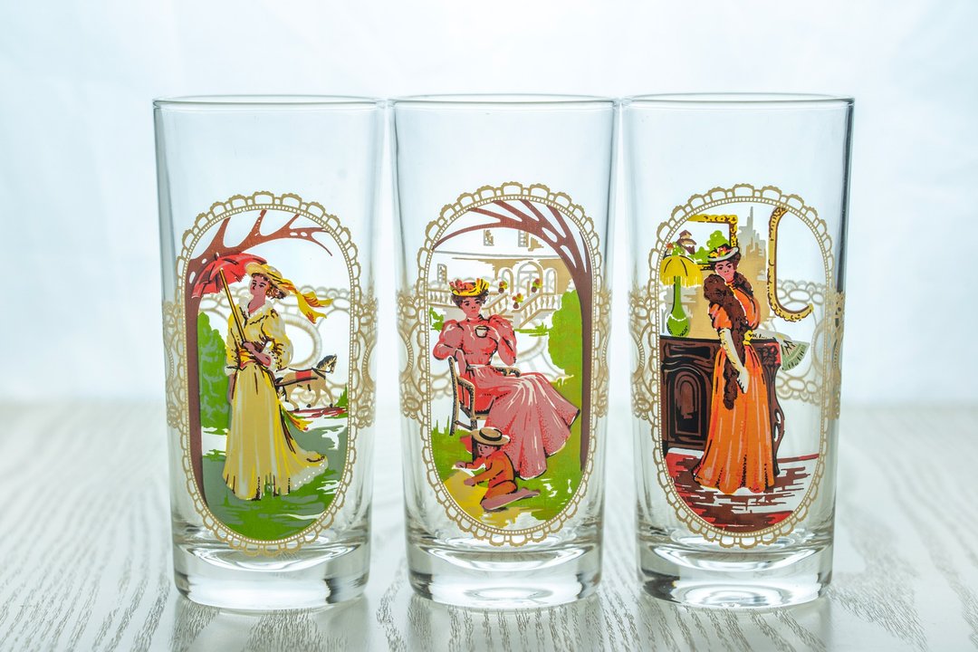 一组 3 入 法国 REIMS GLASS 古典淑女印花玻璃杯 中古如新 台湾包邮 - 玻璃杯 - 玻璃 透明