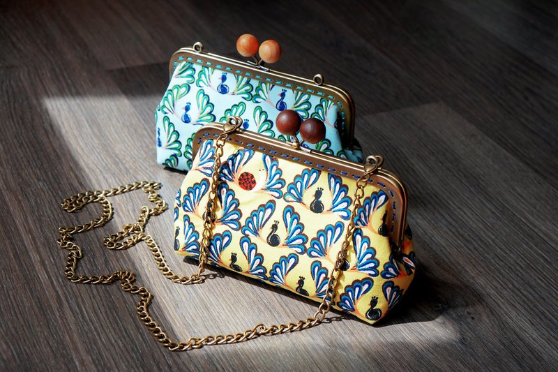 体验活动。蓝绿覆羽孔雀版, 手缝链条肩背口金包 - Chloe老师 - 编织/羊毛毡/布艺 - 棉．麻 