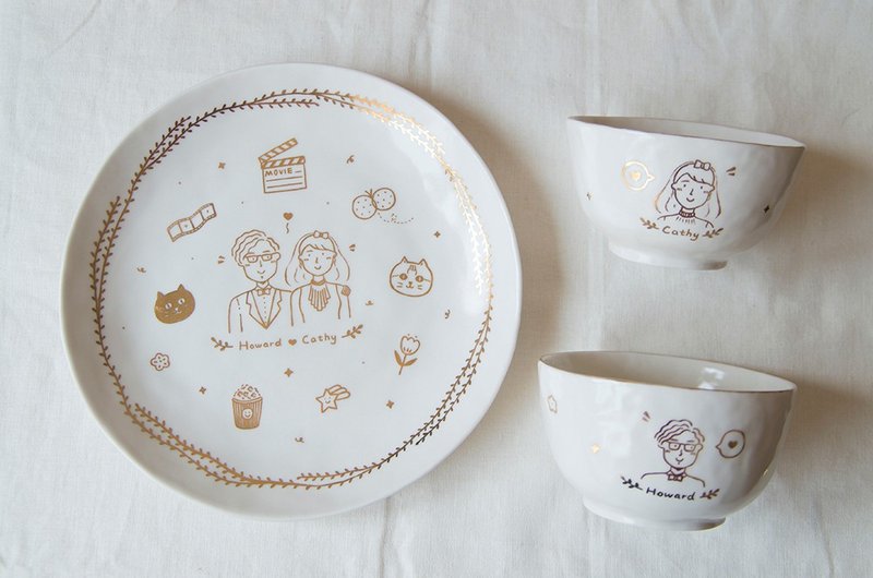 限时包邮 - 手绘描金餐具情侣定制结婚纪念礼物饭碗装饰盘 - 盘子/餐盘/盘架 - 瓷 金色