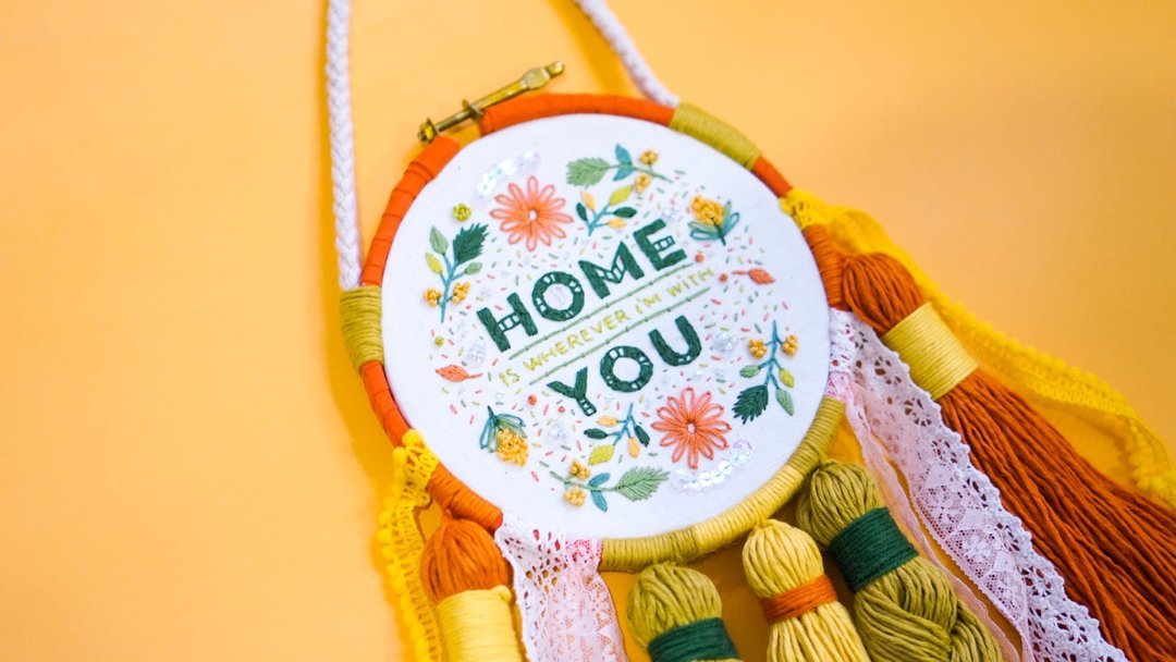 'Home' Hand-embroidered wall decor (sunny color) - 摆饰 - 棉 橘色