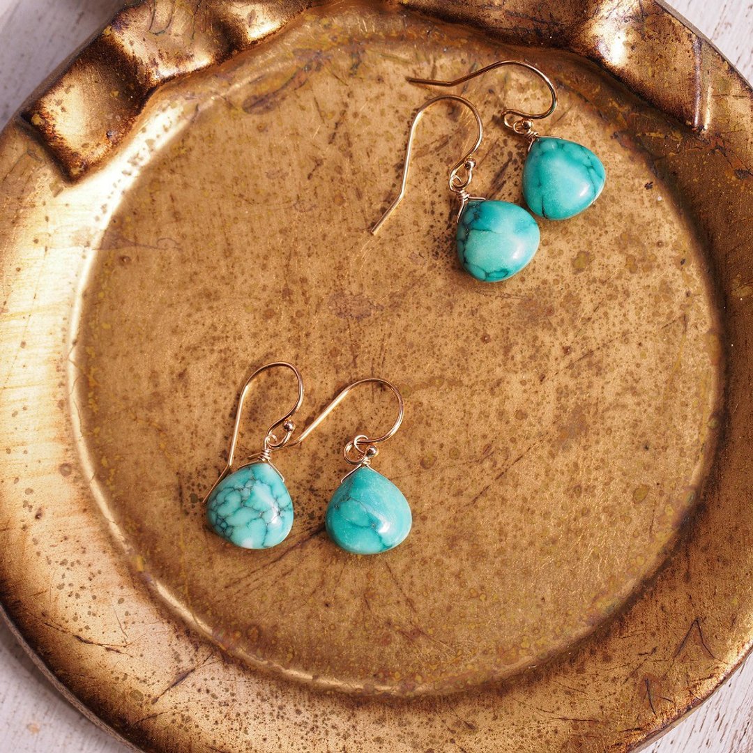 14KGF AAA天然绿松石 宝石14K包金耳环  Turquoise - 耳环/耳夹 - 宝石 绿色