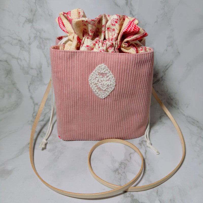 森女系粉色灯芯绒束口包 x 花卉蕾丝 - 束口袋双肩包 - 棉．麻 蓝色