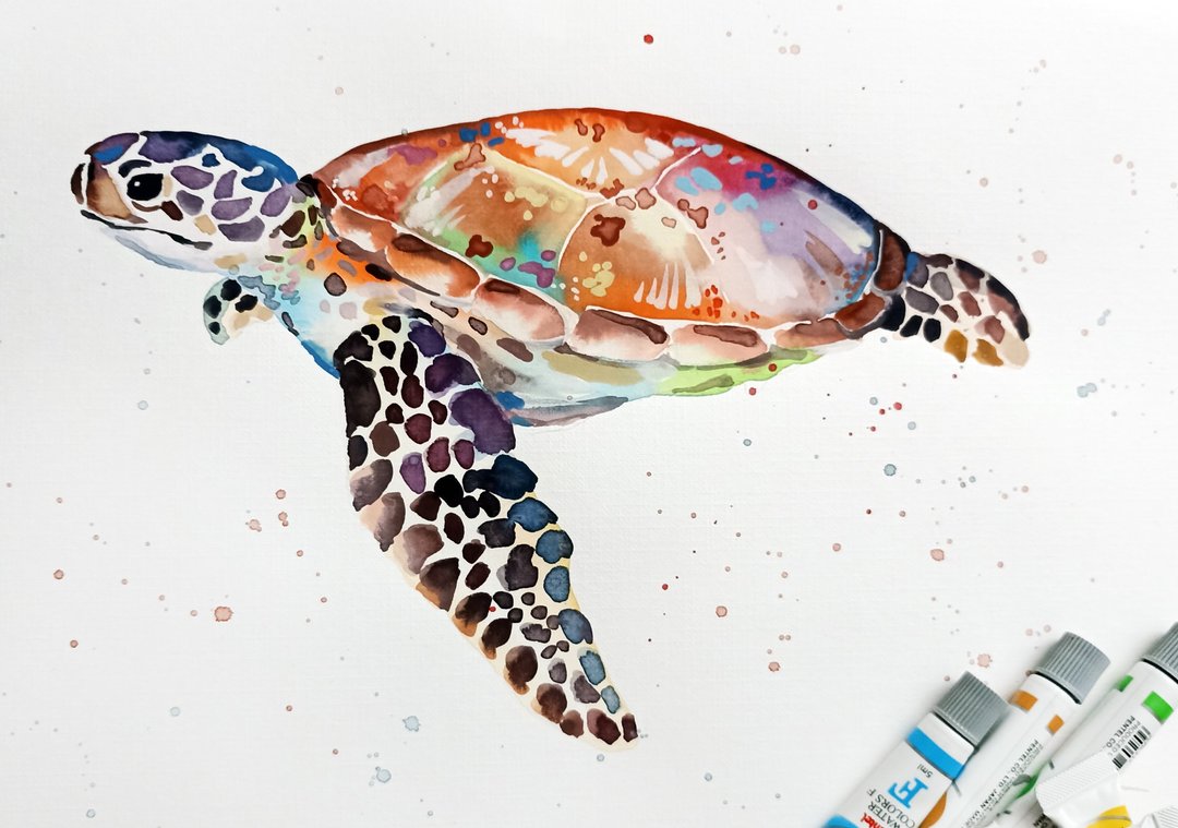 Watercolor original art sea turtle room decor painting by Anne Gorywine - 墙贴/壁贴 - 纸 红色