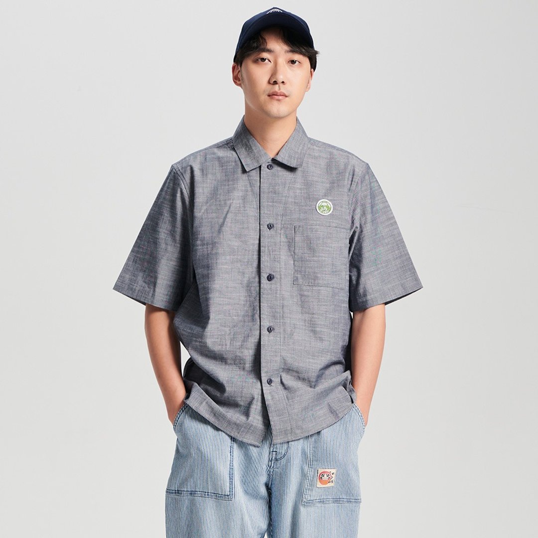 江户胜 日系 男装 后刺绣三绣花短袖衬衫(石洗绿) #上衣#衬衫 - 男装衬衫 - 棉 灰色