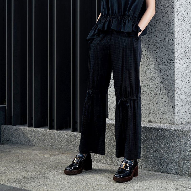 通透格子蕾丝绑带长裤 - 女装长裤 - 棉．麻 黑色