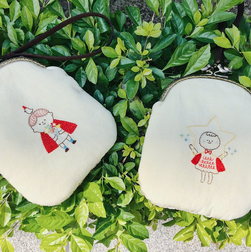 星星人 / 刺绣手拿口金包 - 手拿包 - 棉．麻 黄色