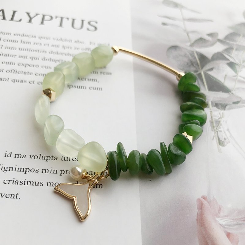 翠叶人鱼之舞手链 | 不规则玉石人鱼珍珠原创设计 - 手链/手环 - 玉石 绿色