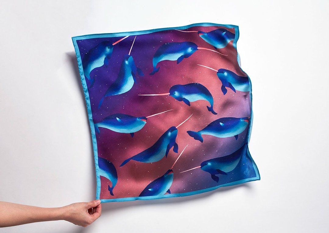 Ocean Silk Satin Scarf (Narwhal), Pure Silk Satin, Square Scarf - 丝巾 - 丝．绢 蓝色