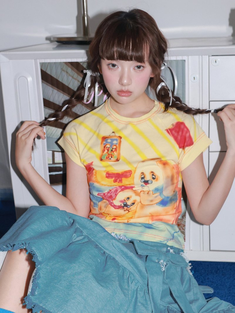黄色温馨狗狗之家T恤短袖卡通童趣可爱 - 女装上衣 - 其他材质 多色