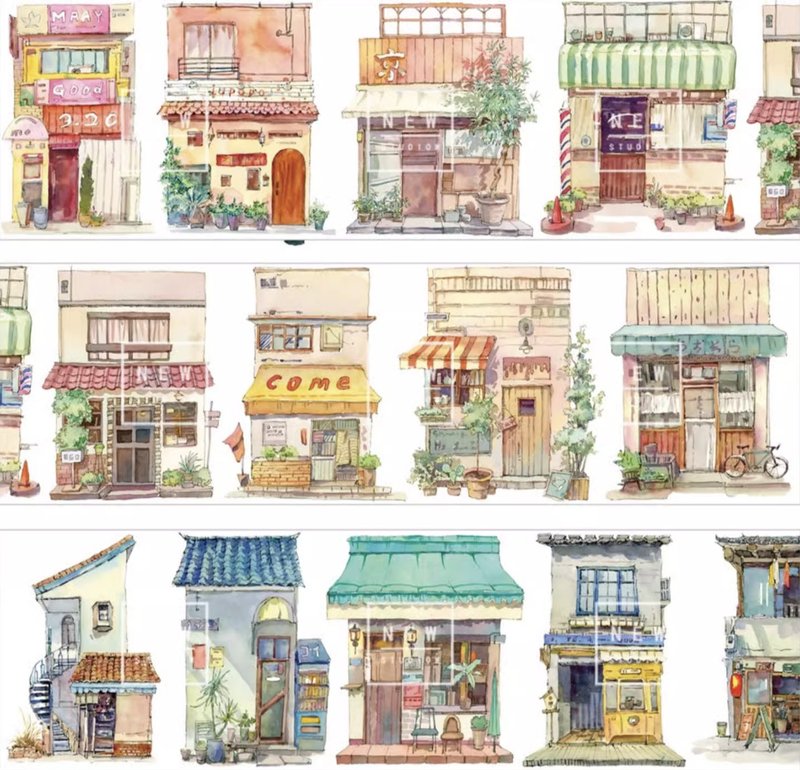 买条街 復古日式商店 水彩畫造景 PET 和紙膠帶 台灣製 10米卷 - 纸胶带 - 其他材质 多色