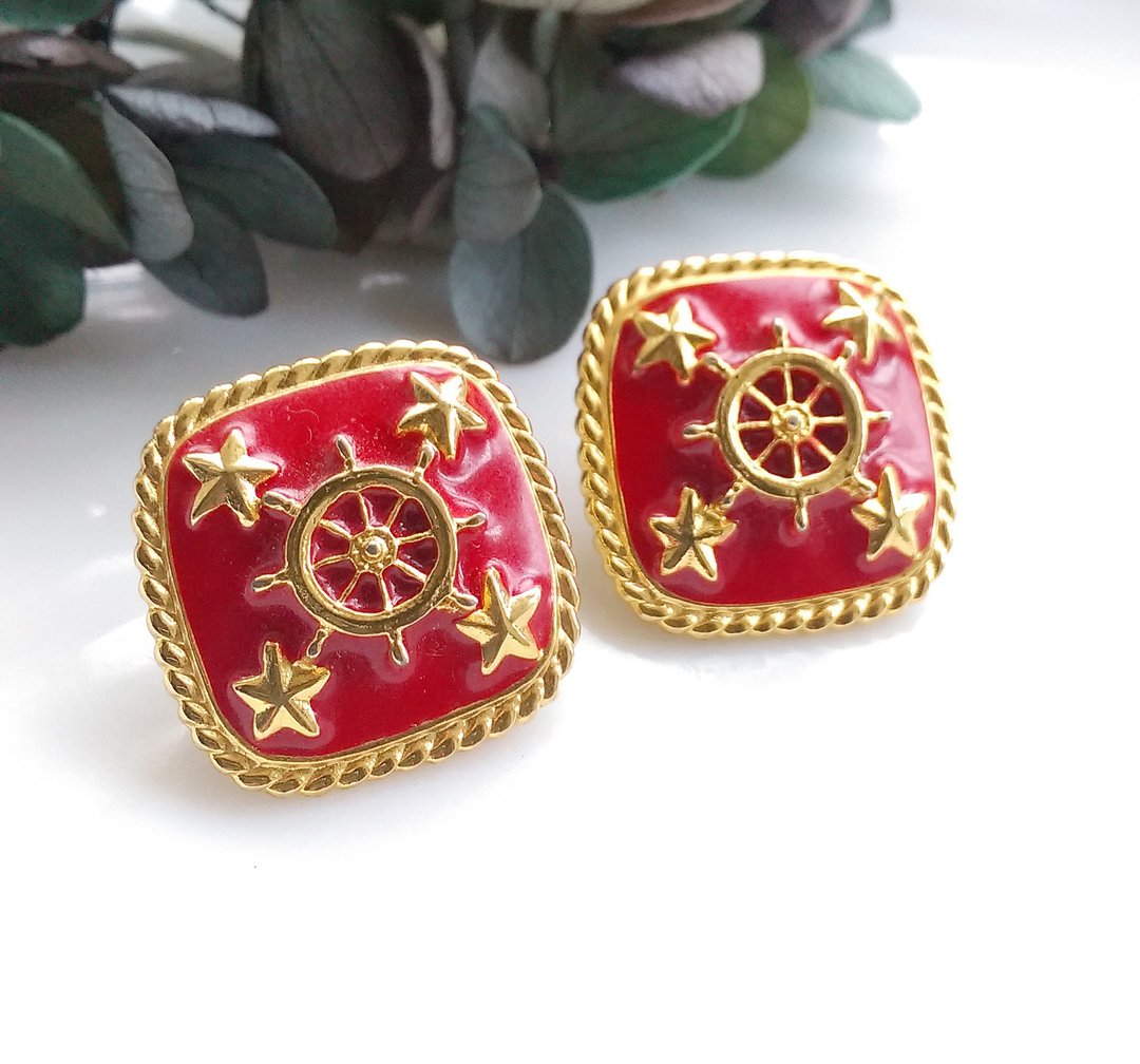 Vintage Jewelry 西洋古董饰品 摩登红珐琅 船舵 针式耳环 - 耳环/耳夹 - 其他金属 金色