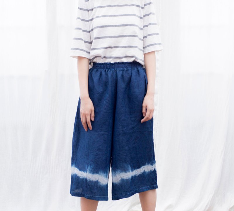 fete原创植物靛蓝扎染亚麻天然文艺阔腿裤 蓝染 - 女装长裤 - 棉．麻 蓝色