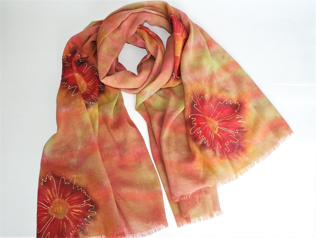 Hand dyed scarf Cotton floral scarf for women Red flower scarf Large head scarf - 丝巾 - 棉．麻 橘色