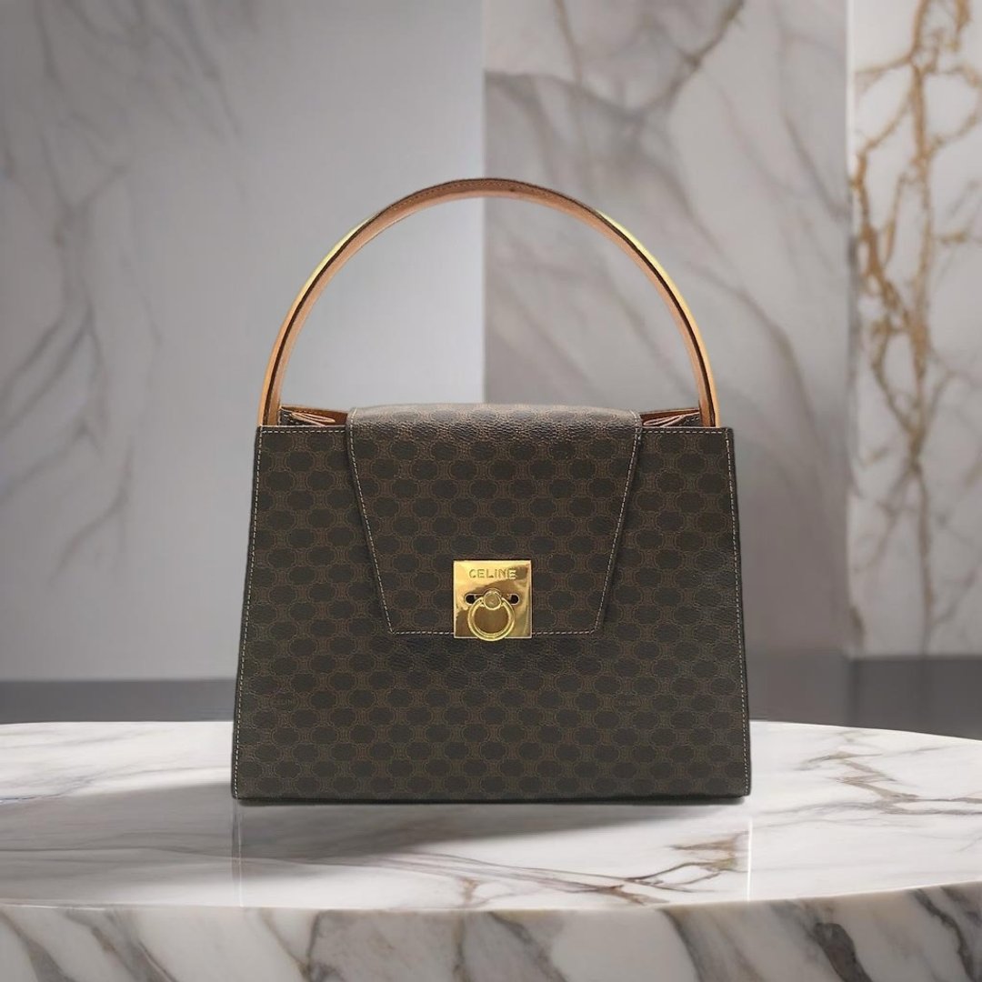 【特选货品】稀有中古二手Celine老花金扣凯莉皮革手提袋小拿包 - 手提包/手提袋 - 真皮 咖啡色