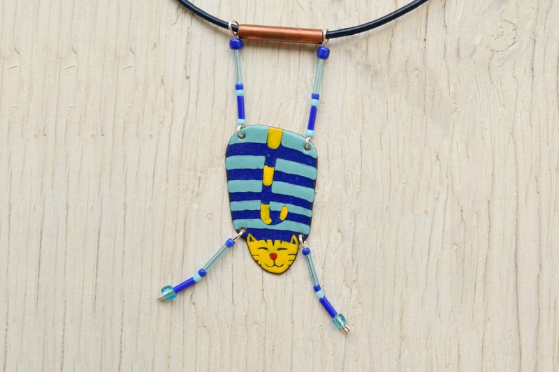 Jumping Cat, Cat Pendant, Cat Necklace, Turquoise And Blue, Blue Striped - 项链 - 珐琅 蓝色