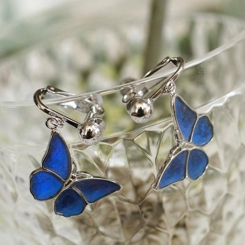 Morpho butterfly small Clip-On SILVER - 耳环/耳夹 - 其他金属 蓝色