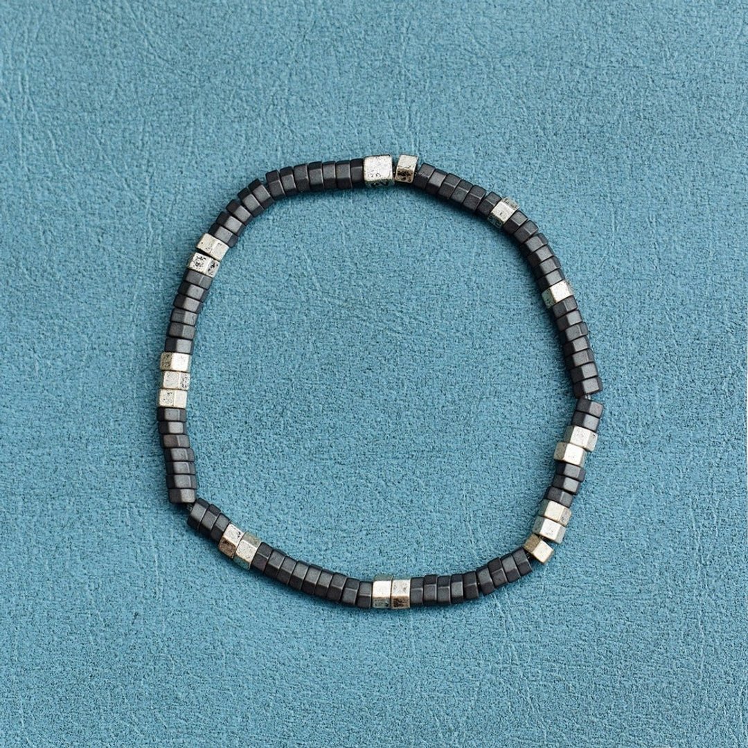 Pura Vida 美国手工 FACETED PYRITE BEAD 银色男士黄铁伸缩手环 - 手链/手环 - 其他材质 银色