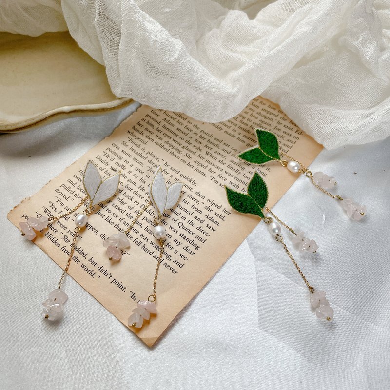 手作刺绣//初芽两戴式耳环//可改夹式 - 耳环/耳夹 - 绣线 绿色