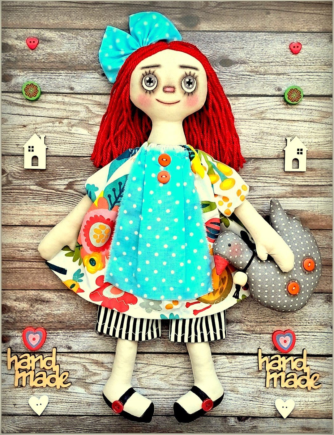 手工制作的原始 Raggedy 娃娃 Emily，布艺软娃娃，布娃娃，布娃娃 - 玩偶/公仔 - 棉 多色