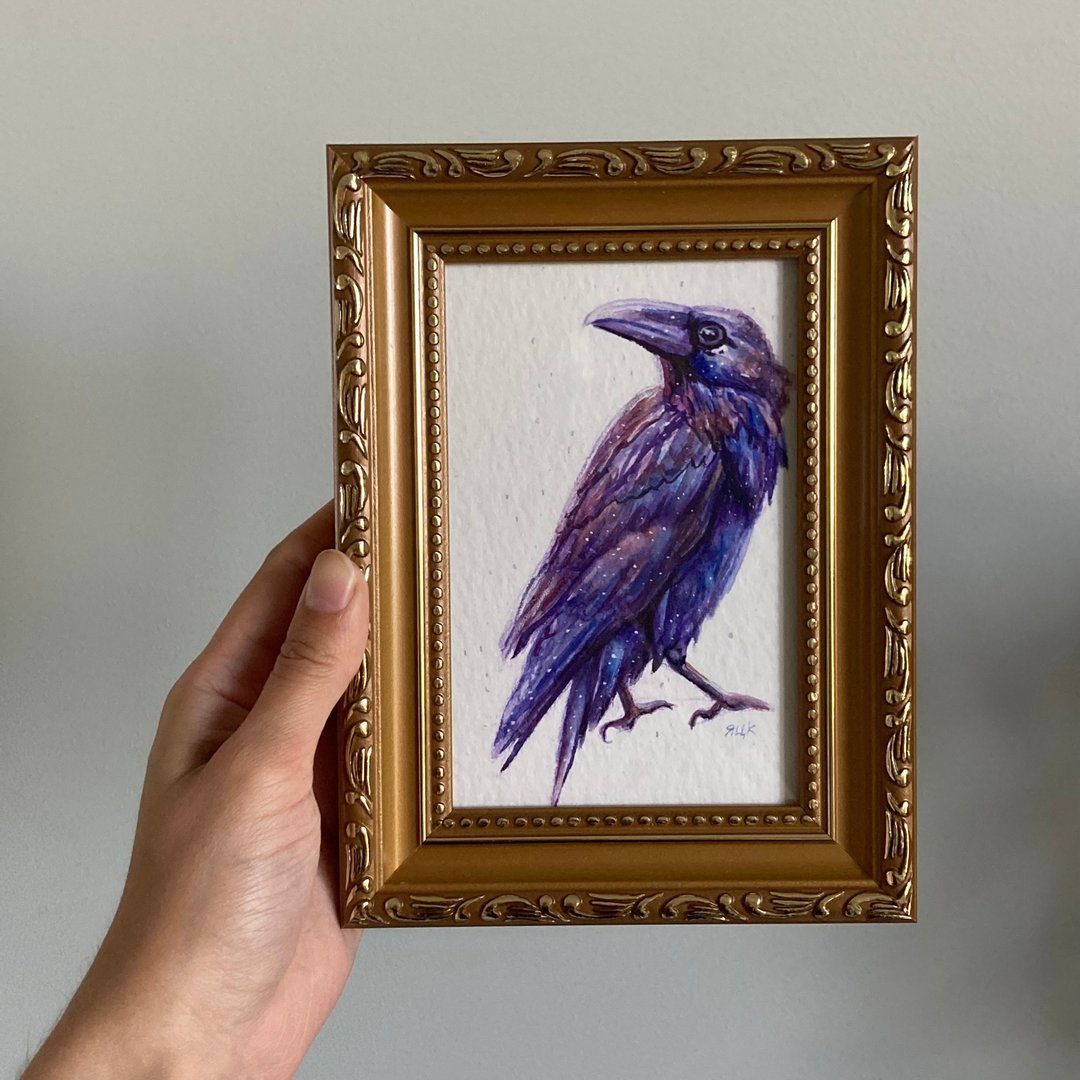 Original Raven Painting, Framed Watercolor Painting, Bird Painting, Crow Art - 海报/装饰画/版画 - 纸 紫色