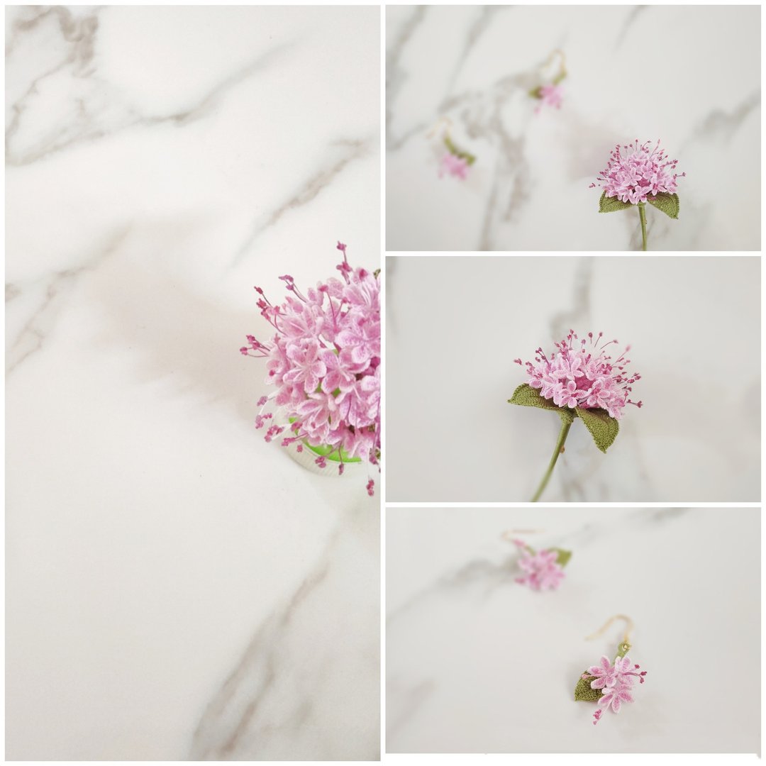 新品万岁! Clerodendrum bungei 野朱桐 臭杜丹 鈎织编织清新优雅 - 耳环/耳夹 - 绣线 粉红色