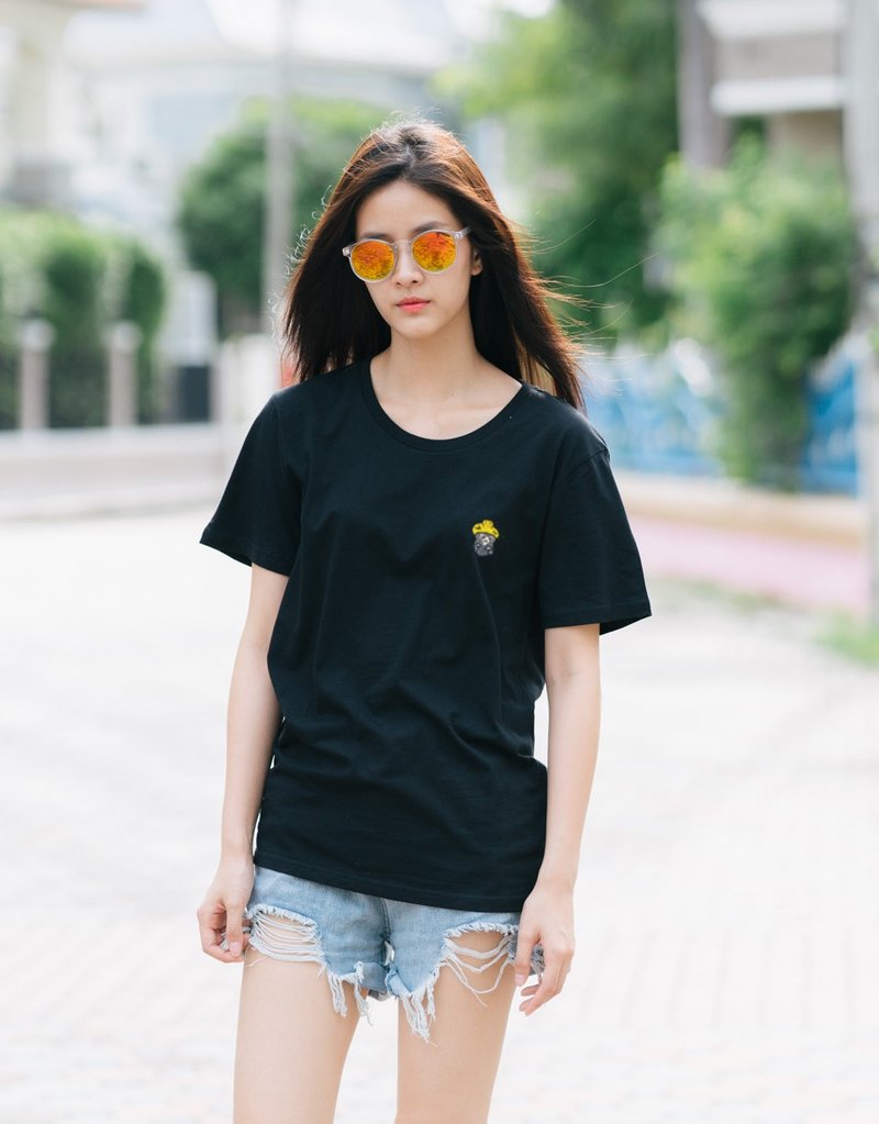 Cat Duck - Hand Embroidery T-Shirt - 中性连帽卫衣/T 恤 - 棉 黑色