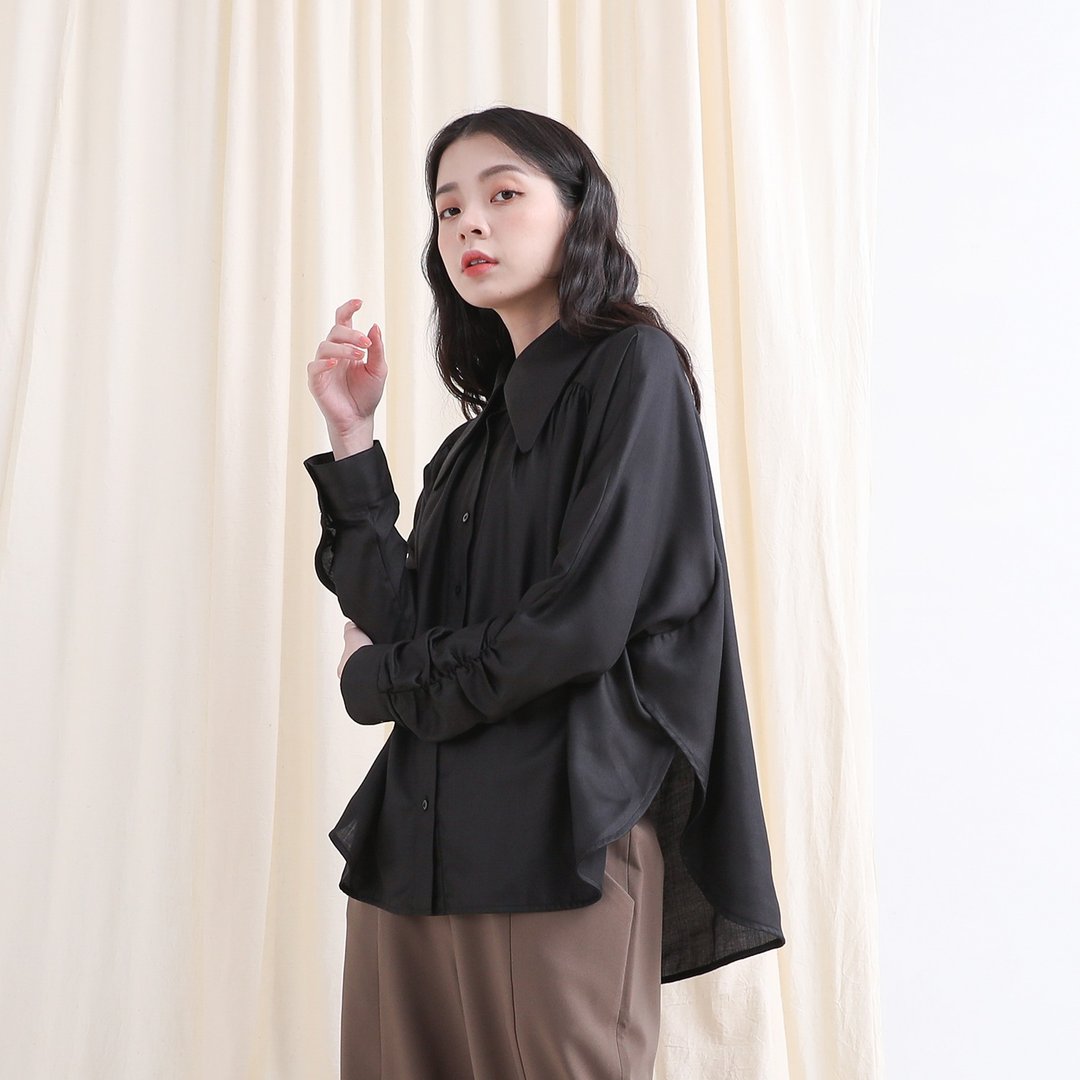 Yilu_一缕抽皱衬衫_21AF051_黑 - 女装上衣 - 聚酯纤维 黑色