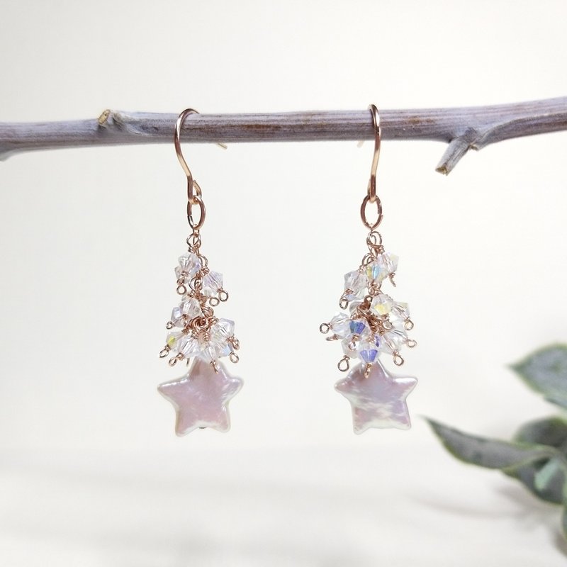 独家-闪烁星夜:星星珍珠水晶14k注金/玫瑰金耳环(香港制造,梵高) - 耳环/耳夹 - 珍珠 透明