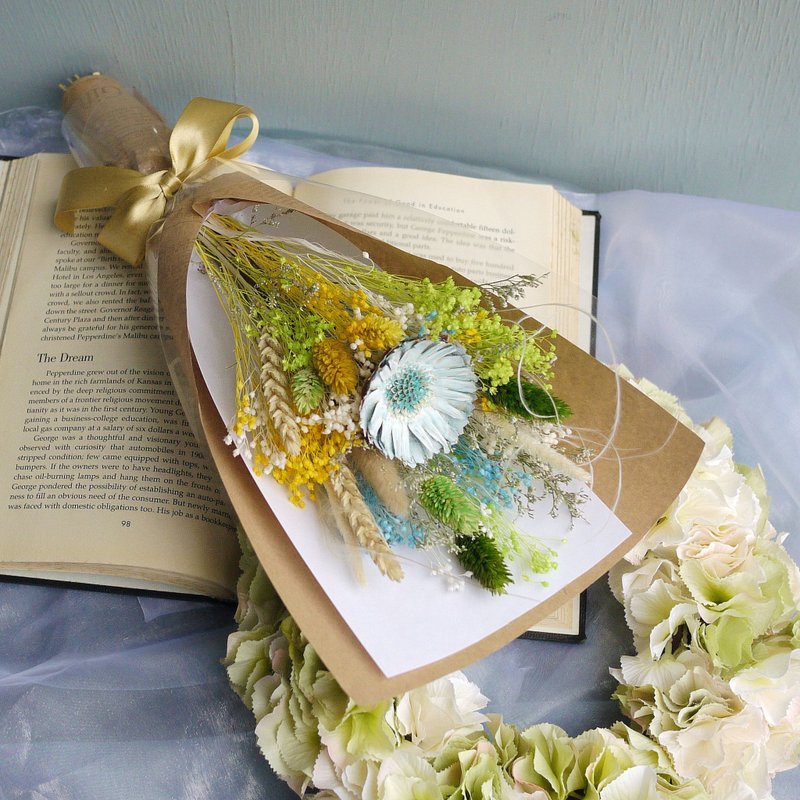 盛夏时光-蓝太阳黄绿满天星 长型手拿干燥花束 父亲节 毕业 - 植栽/盆栽 - 纸 多色