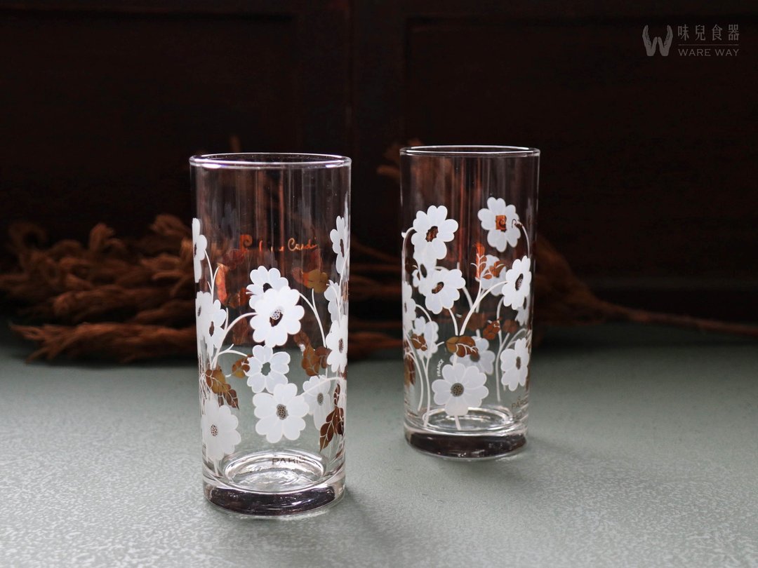 早期水杯－白色花园 (旧物/老件/玻璃/印花/典雅/直筒) - 玻璃杯 - 玻璃 白色