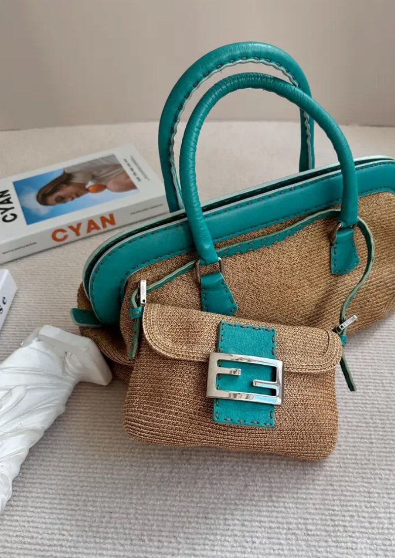中古包 Fendi Tiffany 草编藤面 twins bag - 手提包/手提袋 - 真皮 蓝色