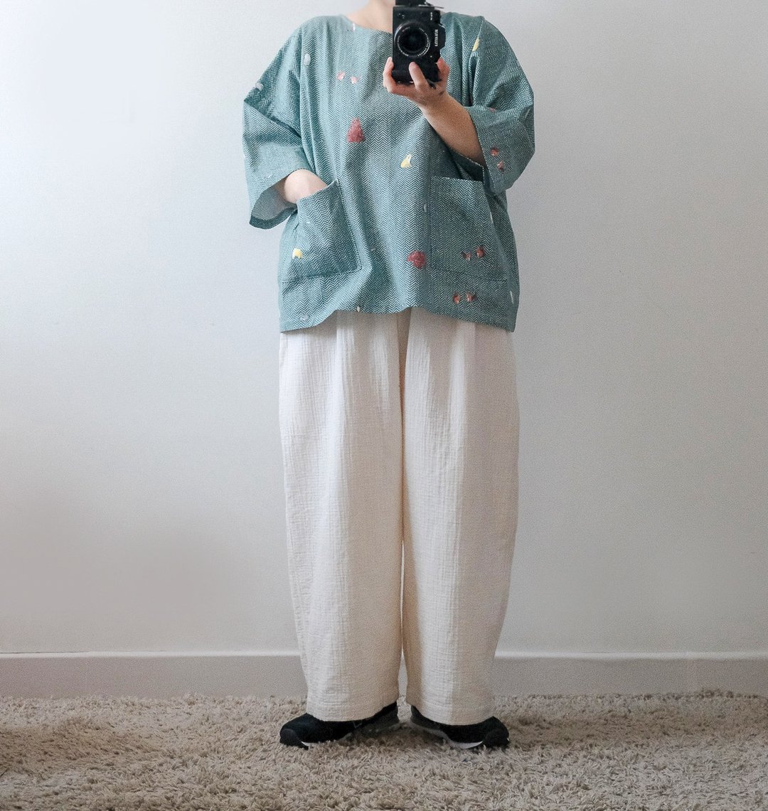 燕麦米皱皱直筒宽裤 - 女装长裤 - 棉 白色