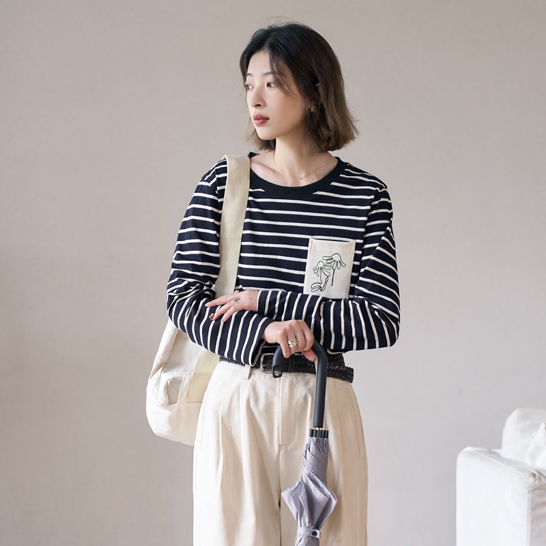 条纹印花长袖T恤|T恤|两色|两色|夏秋款|Sora-1279 - 女装 T 恤 - 棉．麻 多色