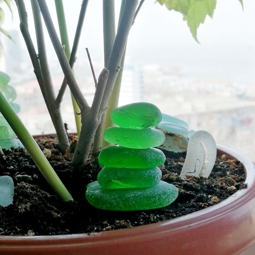 Plants decor Sea glass stack/Art glass for home decor/Gardener gift/Interior - 其他 - 玻璃 绿色
