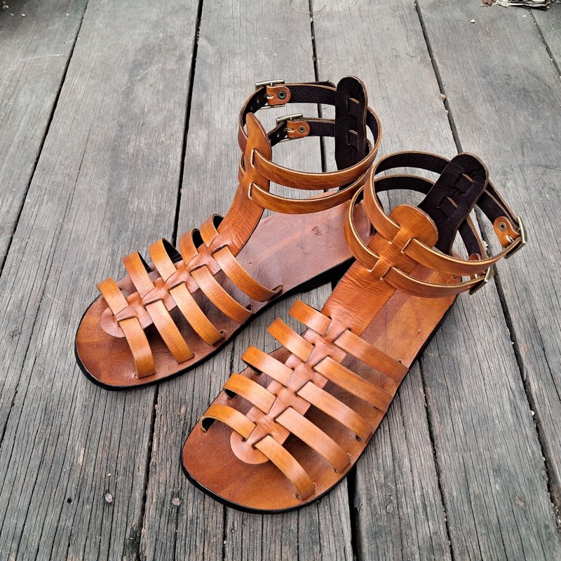 棕色，罗马凉鞋，皮革罗马凉鞋，系踝凉鞋 - 男女凉鞋 - 真皮 咖啡色