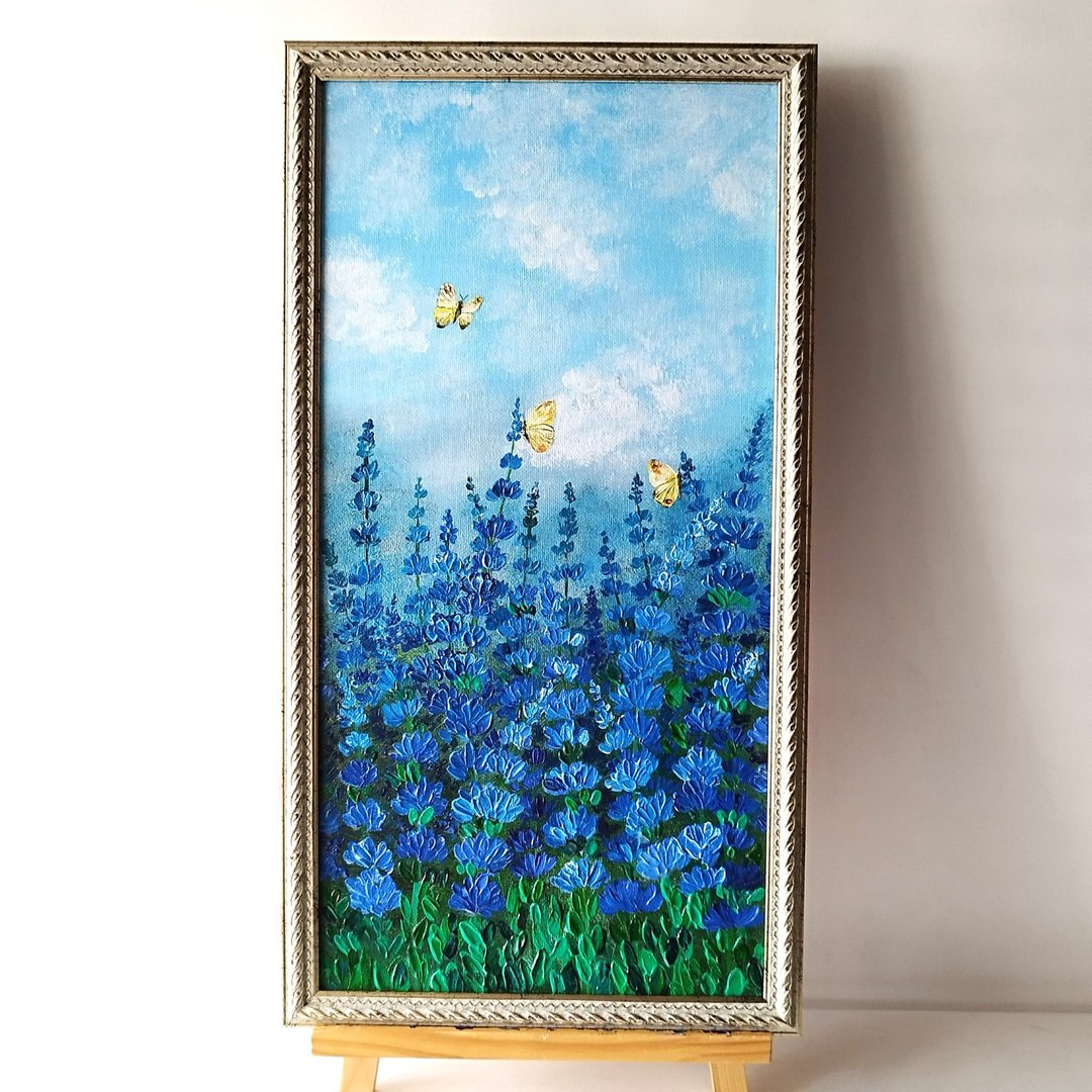 Landscape blue flowers and butterflies hanging painting Nature painting art 牆面裝飾 - 墙贴/壁贴 - 压克力 蓝色