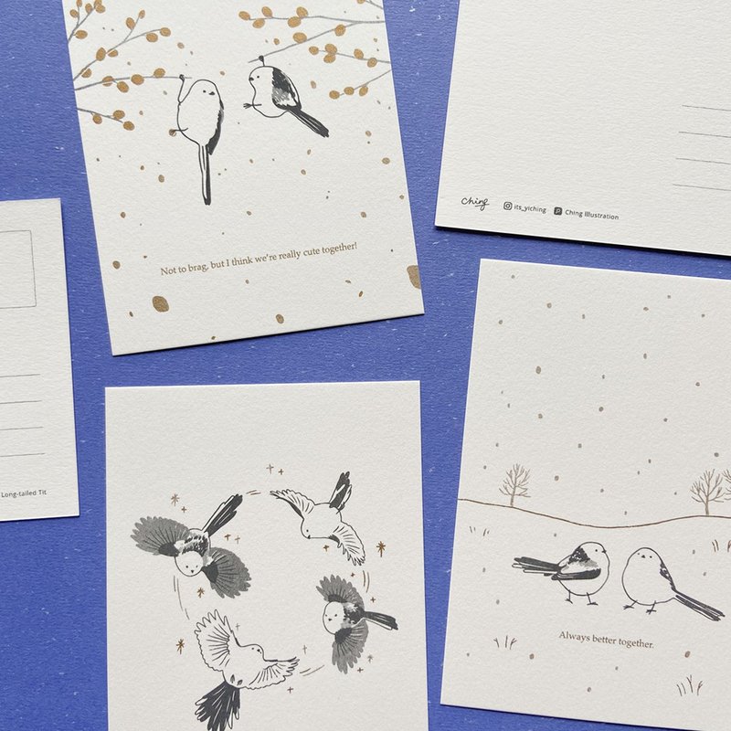 孔版印刷明信片 Risograph | 长尾山雀 シマエナガ 1组3款入 - 卡片/明信片 - 纸 