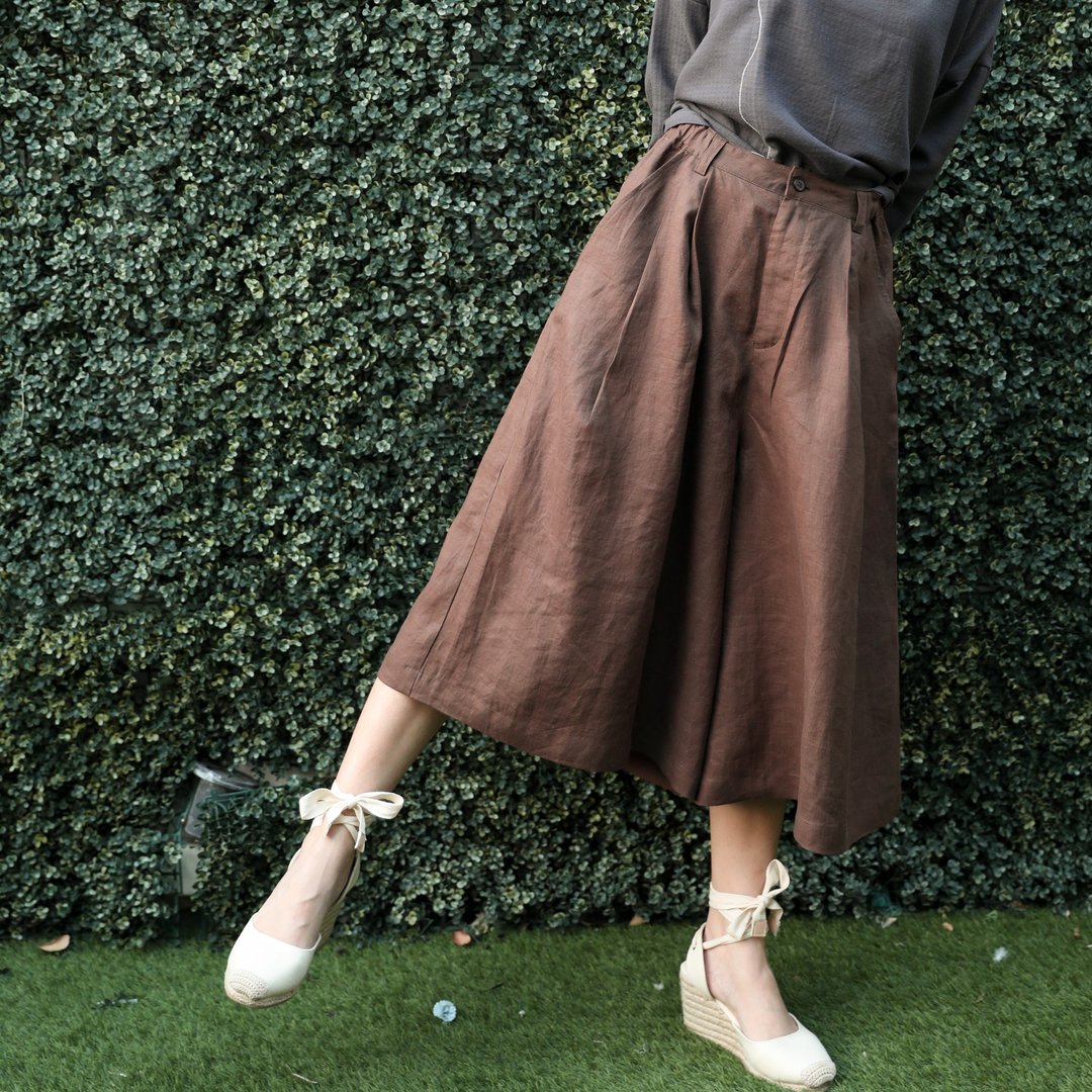 Natural  Linen Pants with Wide Leg Details - Chocolate Brown - 女装长裤 - 亚麻 咖啡色