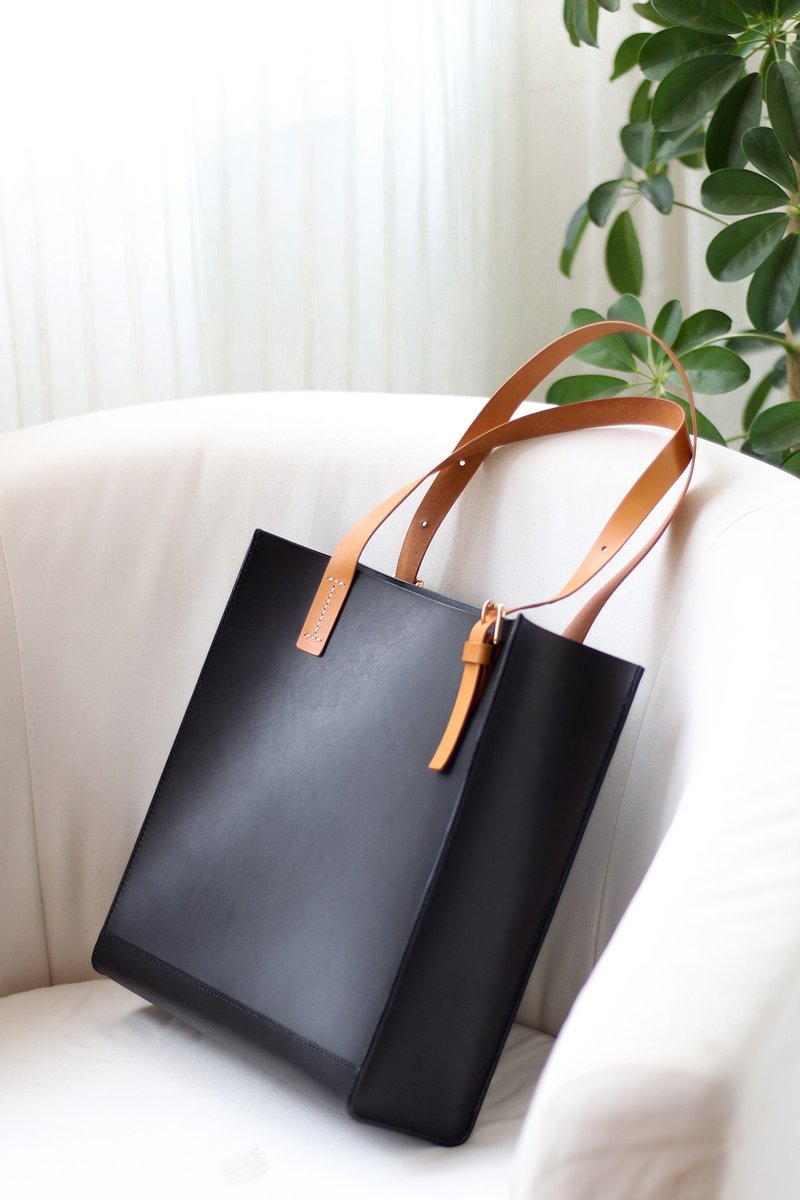 手作 植鞣牛皮 黑色 托特包 tote bag - 手提包/手提袋 - 真皮 