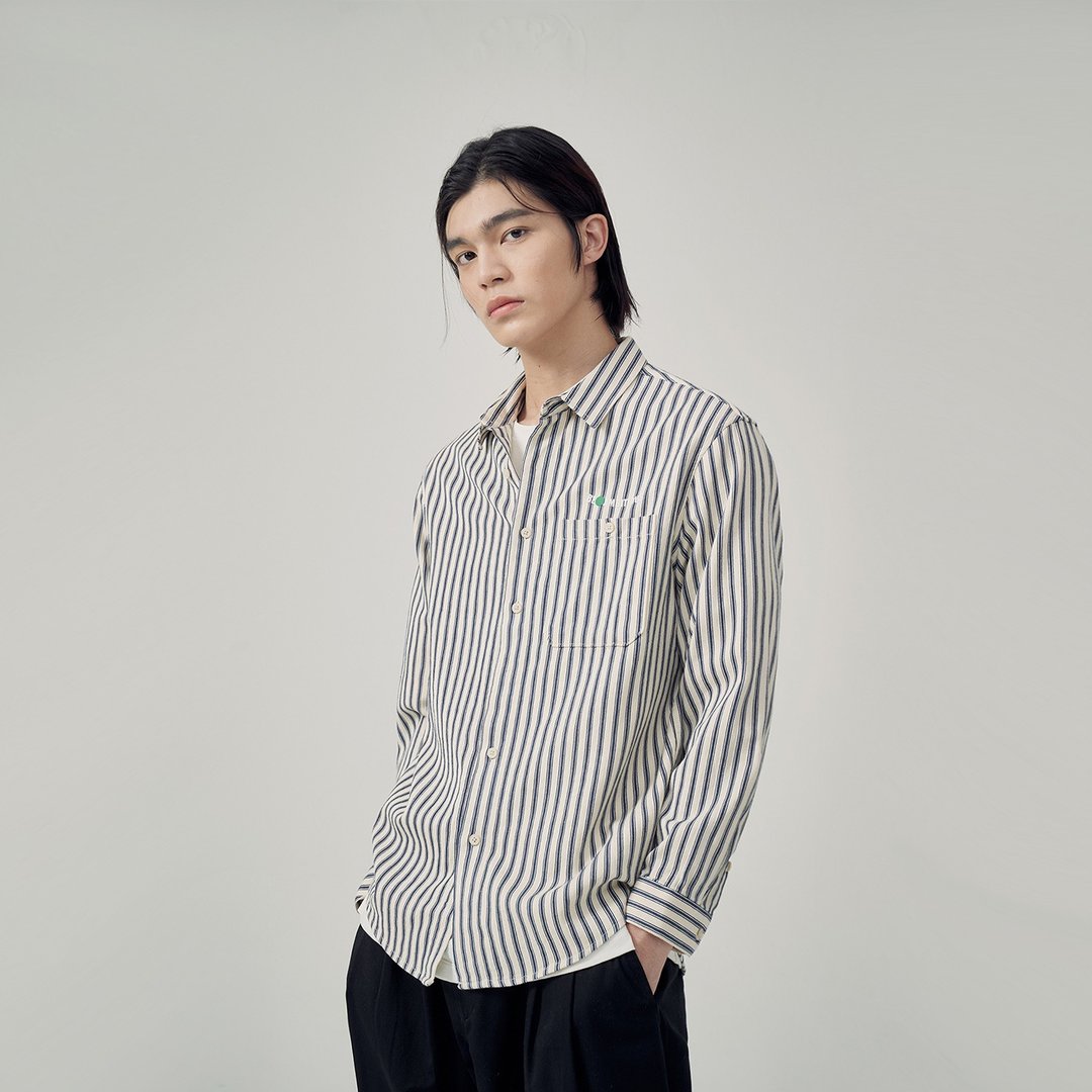 JARVISTORM2021日系潮流长袖青年免烫色织条纹牛仔衬衫男上衣外套 - 男装衬衫 - 聚酯纤维 多色